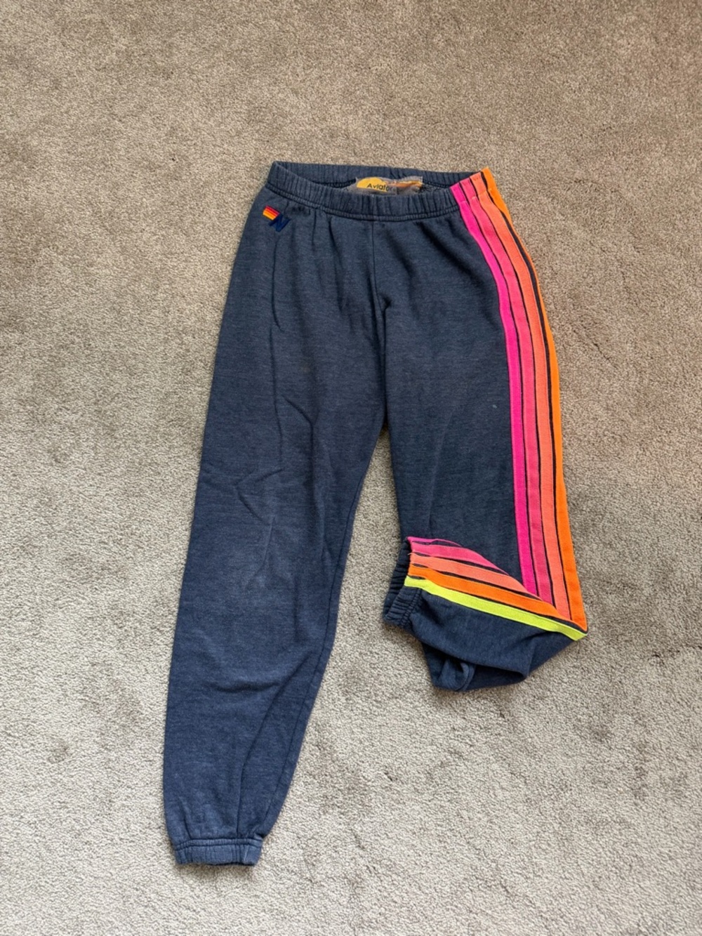 Aviator Nation Navy Joggers with Neon Pink, Orange & Yellow Stripes